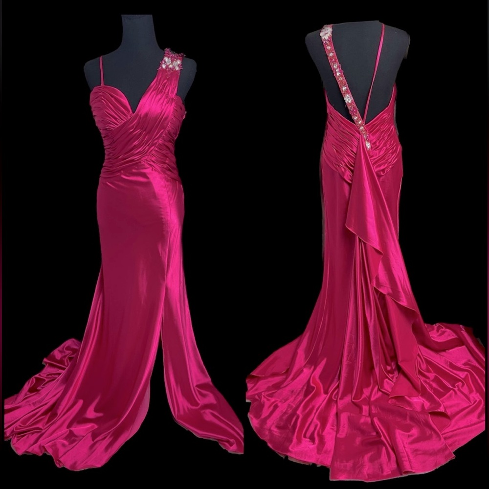 Cassandra Stone Barbiecore Satin Low Racer Back Gown with Train Prom